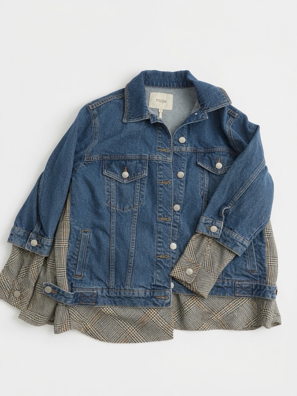 Maje Denim Jacket Size 0 S M Blue Houndstooth Plaid Lining Cuffs
